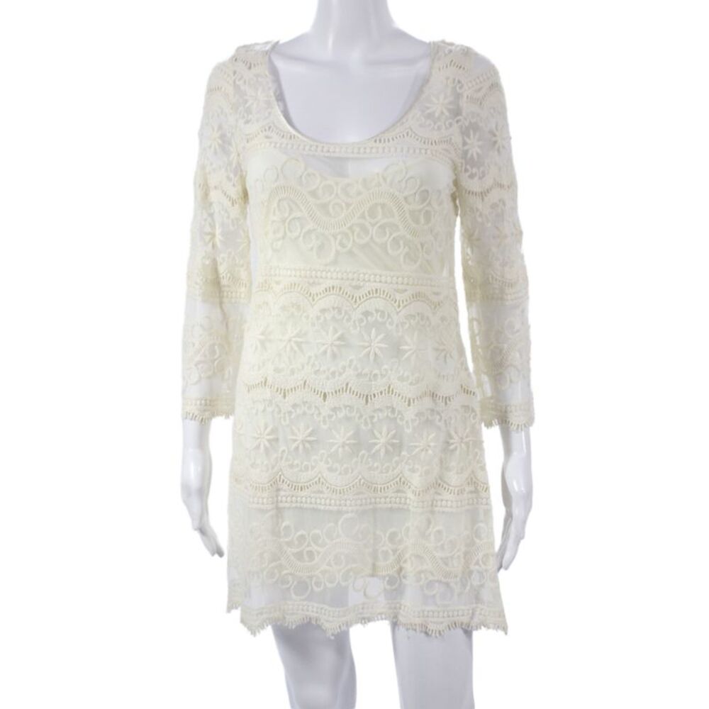 Candela Womens White Shift Slip Dress Long Sleeve Tie Short Nylon Size S